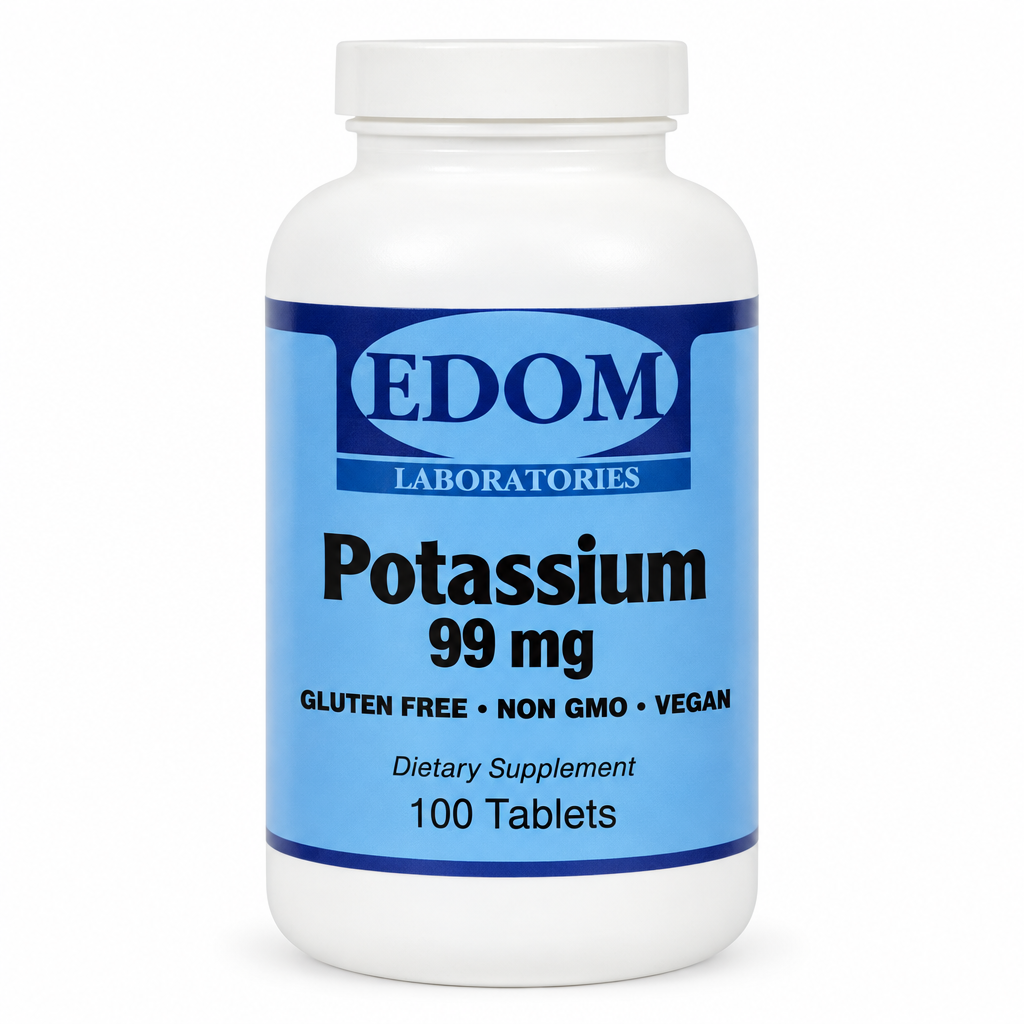Edom Laboratories Potassium 99 mg, 100-tablet bottle with blue label.