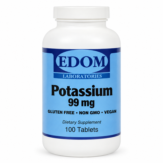 Edom Laboratories Potassium 99 mg, 100-tablet bottle with blue label.