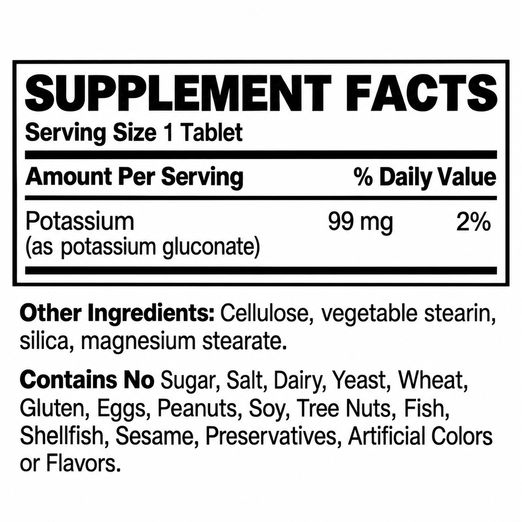 Potassium supplement facts: one tablet provides 99 mg potassium as potassium gluconate, 2% Daily Value.