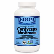 EDOM Laboratories Cordyceps Mushroom bottle with blue label reading U.S. Grown Mycelium, Energy Support, Gluten Free, Non GMO, Vegan, 60 vegan capsules, on a white background