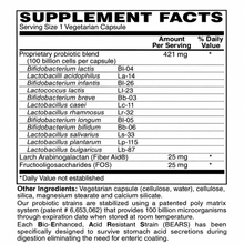 100 Billion Probiotic Supplement Facts label with 12 probiotic strains, Larch Arabinogalactan, FOS, and other ingredients