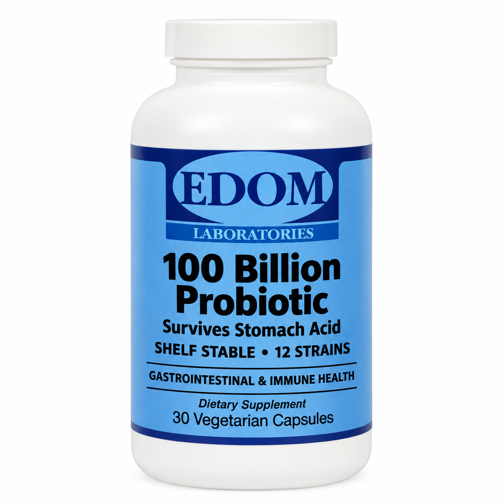 EDOM LABORATORIES 100 Billion Probiotic dietary supplement bottle, survives stomach acid, shelf stable, 12 strains, gastrointestinal and immune health, 30 vegetarian capsules