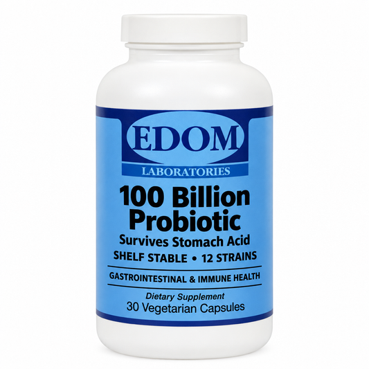 EDOM LABORATORIES 100 Billion Probiotic dietary supplement bottle, survives stomach acid, shelf stable, 12 strains, gastrointestinal and immune health, 30 vegetarian capsules
