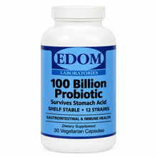EDOM LABORATORIES 100 Billion Probiotic dietary supplement bottle, survives stomach acid, shelf stable, 12 strains, gastrointestinal and immune health, 30 vegetarian capsules