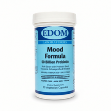 A white plastic bottle of EDOM Laboratories Mood Formula 50 Billion Probiotic dietary supplement, featuring a blue and white label, on a clean white background.