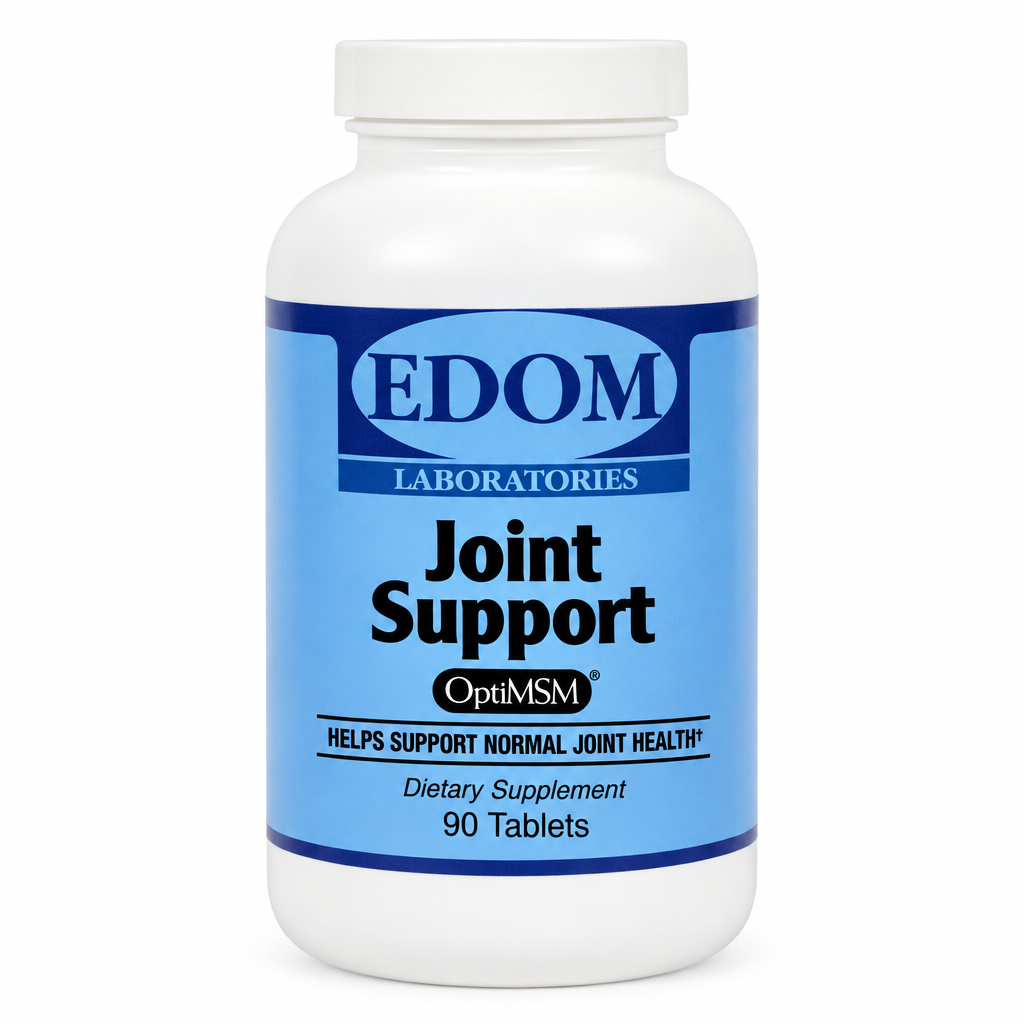 A bottle of EDOM Joint Support dietary supplement containing 90 tablets, labeled as helping support normal joint health.