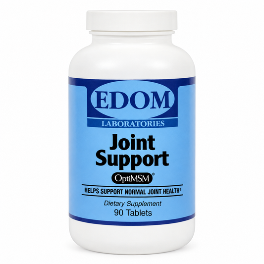 A bottle of EDOM Joint Support dietary supplement containing 90 tablets, labeled as helping support normal joint health.