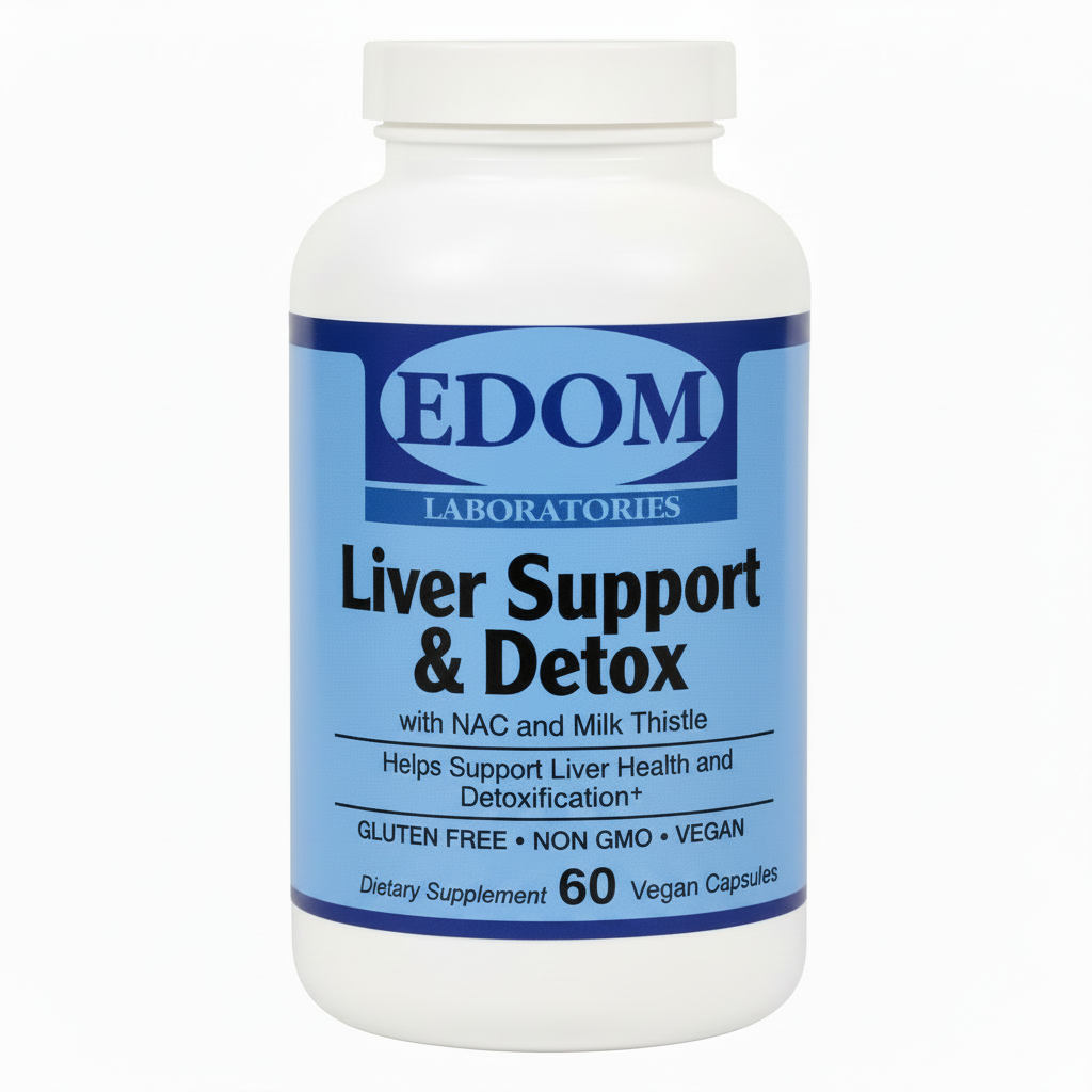 Liver Support & Detox with NAC and Milk Thistle vegetarian capsules by Edom Laboratories — 60-count bottle to help support liver health and detoxification.†