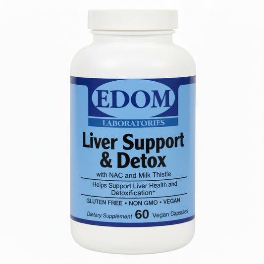 Liver Support & Detox with NAC and Milk Thistle vegetarian capsules by Edom Laboratories — 60-count bottle to help support liver health and detoxification.†