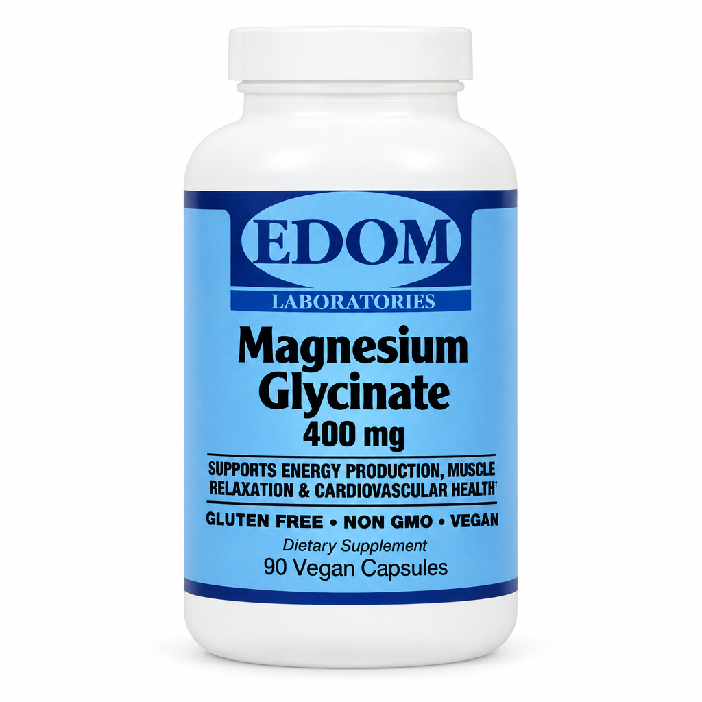 A white plastic bottle of EDOM Laboratories Magnesium Glycinate 400 mg dietary supplement, featuring a light blue label with dark blue and black text, on a clean white background.