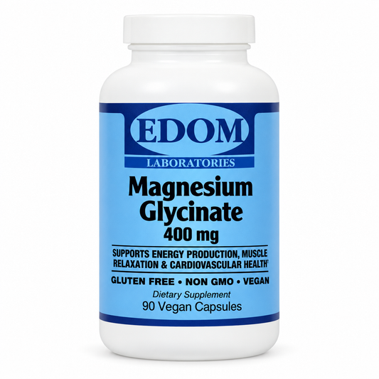 A white plastic bottle of EDOM Laboratories Magnesium Glycinate 400 mg dietary supplement, featuring a light blue label with dark blue and black text, on a clean white background.