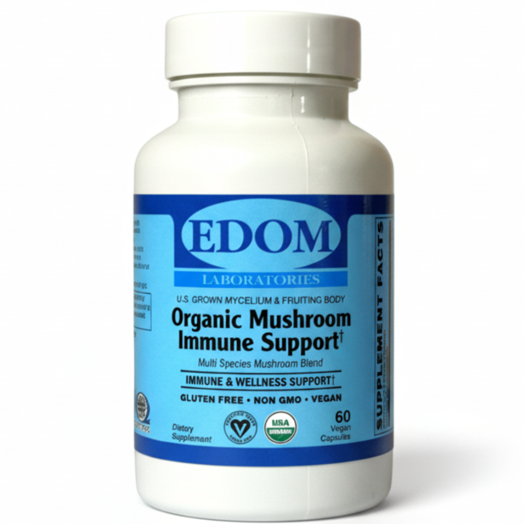 A bottle of EDOM Organic Mushroom Immune Support supplements with a label showing the brand and the mushrooms included in the blend.