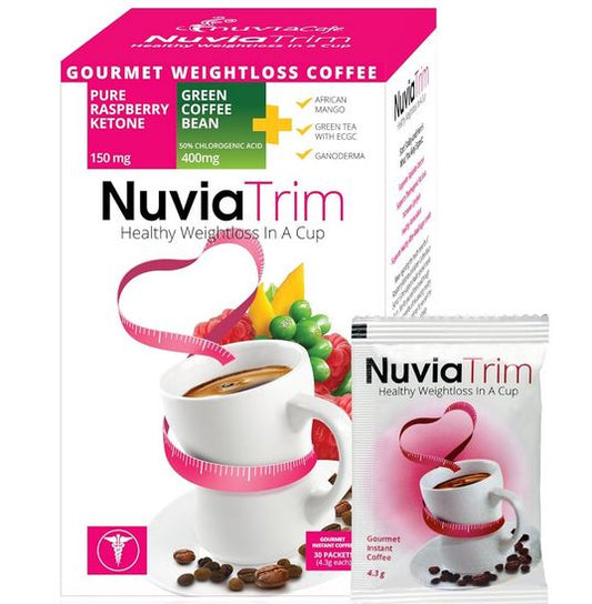 Packaging of Nuvia Trim instant coffee with graphic representations of coffee cups, ingredients like green coffee bean and raspberry, and a measuring tape symbolizing weight loss.