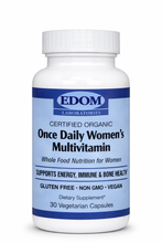 A white bottle of EDOM Laboratories Once Daily Women’s Whole Food Multivitamin featuring the blue oval EDOM logo, certified organic text, and label details for whole‑food nutrition, energy, immune, and bone health support.