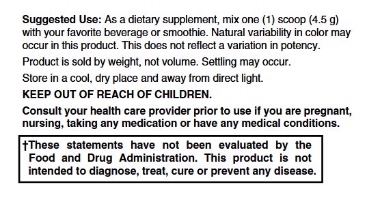 Supplement label with text about usage, storage, and product information on a white background