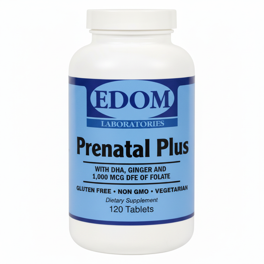 EDOM LABS Prenatal Plus Tablets shown in a clean, clinical white bottle design, formulated with essential prenatal vitamins and minerals to support fetal development, maternal wellness, healthy energy levels, and daily nutritional needs throughout pregnancy.
