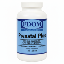 EDOM LABS Prenatal Plus Tablets shown in a clean, clinical white bottle design, formulated with essential prenatal vitamins and minerals to support fetal development, maternal wellness, healthy energy levels, and daily nutritional needs throughout pregnancy.