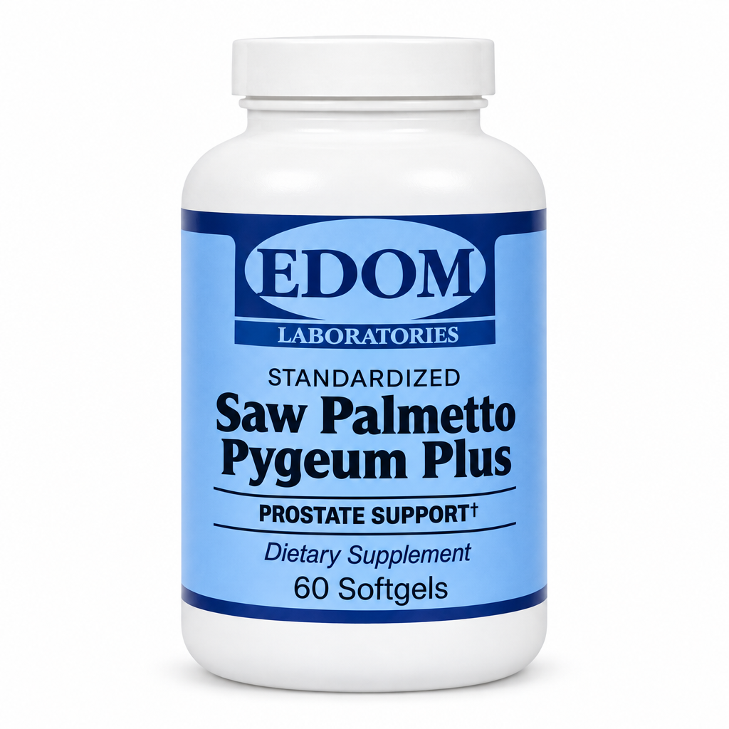 A bottle of EDOM Laboratories Standardized Saw Palmetto Pygeum Plus Prostate Support Softgels, containing 120 capsules. Softgels