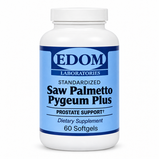 A bottle of EDOM Laboratories Standardized Saw Palmetto Pygeum Plus Prostate Support Softgels, containing 120 capsules. Softgels