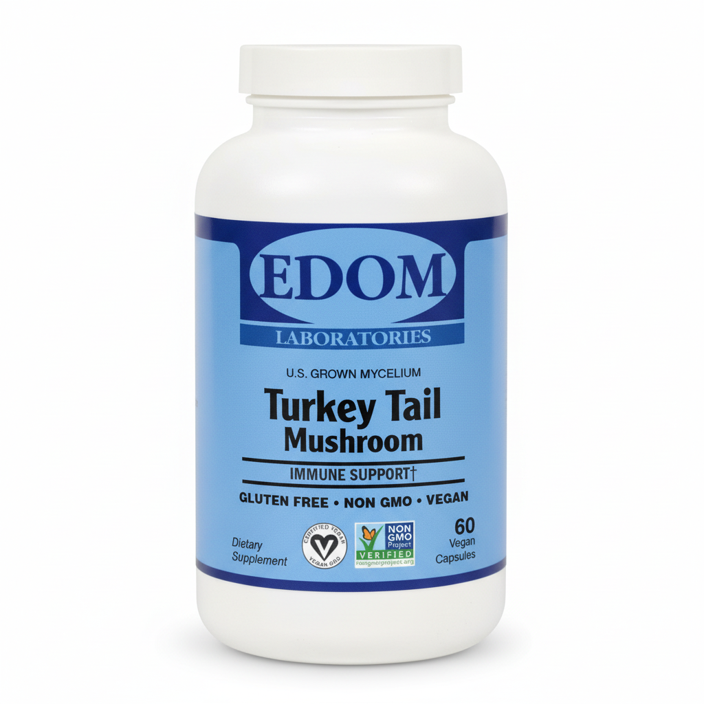 Edom Laboratories Turkey Tail Mushroom supplement bottle with a blue label reading “U.S. Grown Mycelium,” “Immune Support,” “Gluten Free,” “Non-GMO,” and “Vegan,” with 60 vegan capsules, on a white background.