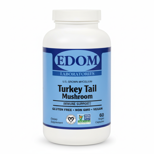 Edom Laboratories Turkey Tail Mushroom supplement bottle with a blue label reading “U.S. Grown Mycelium,” “Immune Support,” “Gluten Free,” “Non-GMO,” and “Vegan,” with 60 vegan capsules, on a white background.