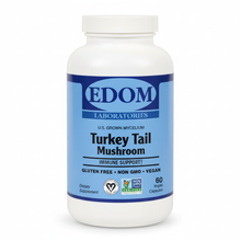 Edom Laboratories Turkey Tail Mushroom supplement bottle with a blue label reading “U.S. Grown Mycelium,” “Immune Support,” “Gluten Free,” “Non-GMO,” and “Vegan,” with 60 vegan capsules, on a white background.