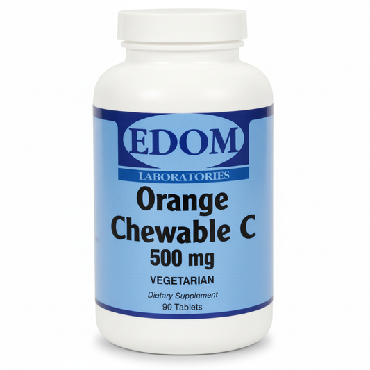 EDOM Laboratories Orange Chewable C 500 mg vegetarian tablets bottle, 90 tablets, on a white background. ⠋