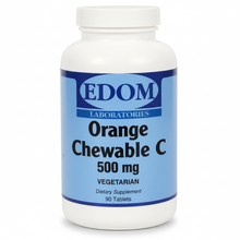 EDOM Laboratories Orange Chewable C 500 mg vegetarian tablets bottle, 90 tablets, on a white background. ⠋