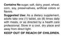 Supplement label with text about ingredients, use, and storage.