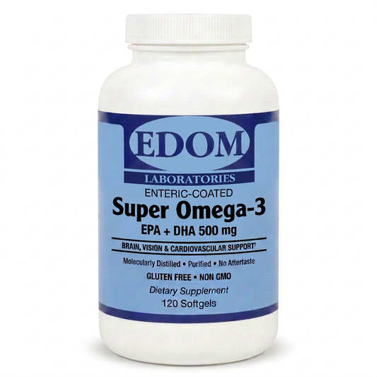 EDOM LABS Super Omega‑3 enteric‑coated softgels shown in a clean, clinical white bottle design, providing 500 mg of combined EPA and DHA to support heart health, brain function, joint comfort, and immune balance with improved digestion through enteric coating.
