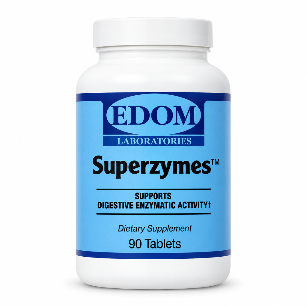 A white plastic bottle of EDOM Laboratories Superzymes dietary supplement with a light blue label, containing 90 tablets.