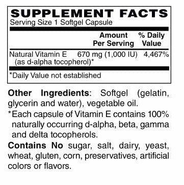 Vitamin E 1,000 IU Softgels 100% Natural Mixed Tocopherols