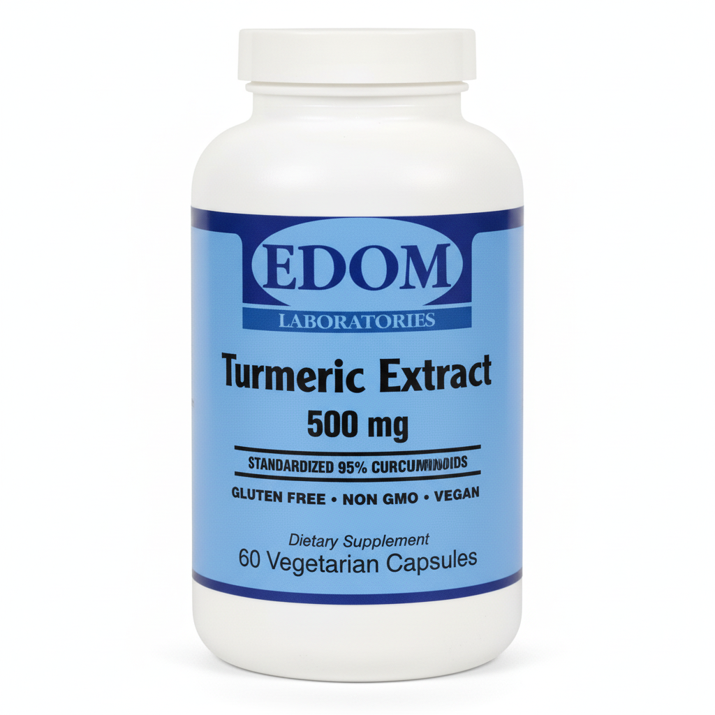 Turmeric Extract 500 mg dietary supplement bottle by EDOM LABS shown in a clean, clinical design, providing 95% curcuminoids for antioxidant, joint, and immune support as part of daily wellness.†