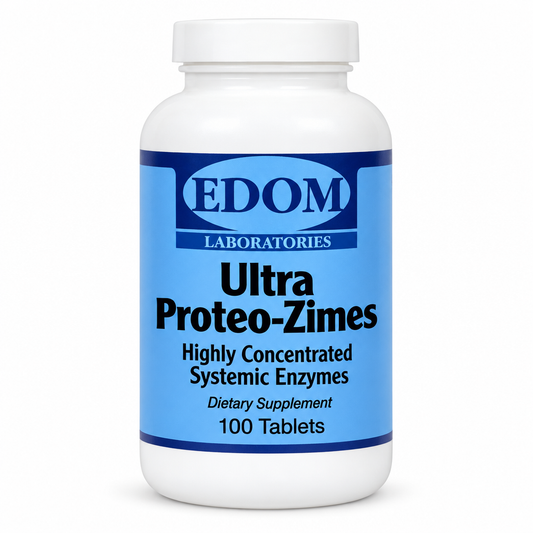 Ultra Proteo‑Zimes enteric‑coated systemic enzyme tablets by EDOM LABS shown in a clean, clinical bottle design, featuring high‑potency proteases including chymotrypsin, trypsin, pancreatin, papain, and bromelain to support inflammation response, circulation, joint comfort, and tissue repair.†