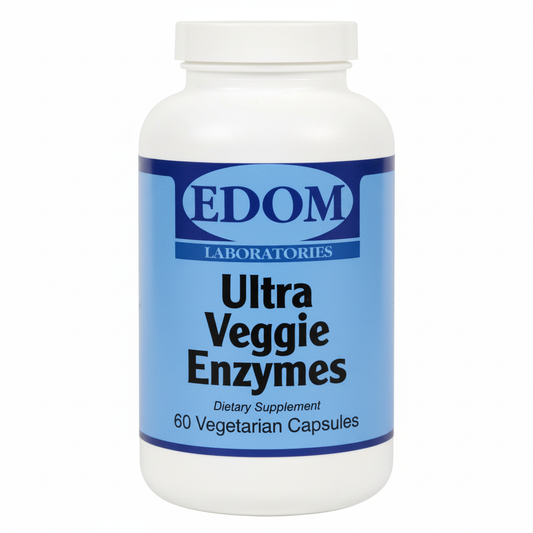 Ultra Veggie Enzymes vegetarian capsules by Edom Laboratories — 60-count bottle featuring 15 plant-based n•zimes™ brand enzymes for comprehensive digestive support.†