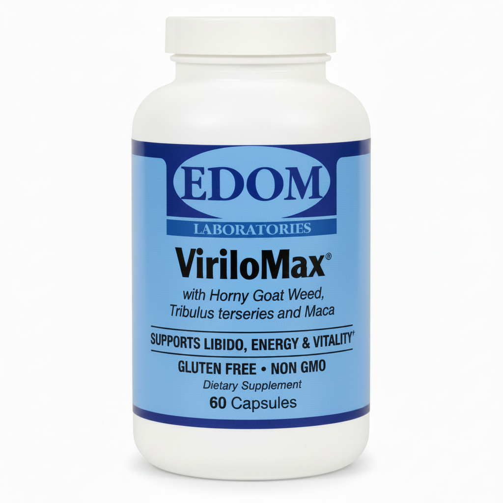 ViriloMax Men's Formula capsules by Edom Laboratories — 60-count bottle with Horny Goat Weed, Tribulus terrestris, and Maca to support libido, energy, and vitality.
