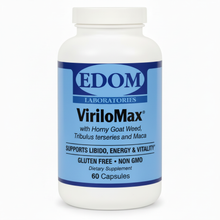 ViriloMax Men's Formula capsules by Edom Laboratories — 60-count bottle with Horny Goat Weed, Tribulus terrestris, and Maca to support libido, energy, and vitality.