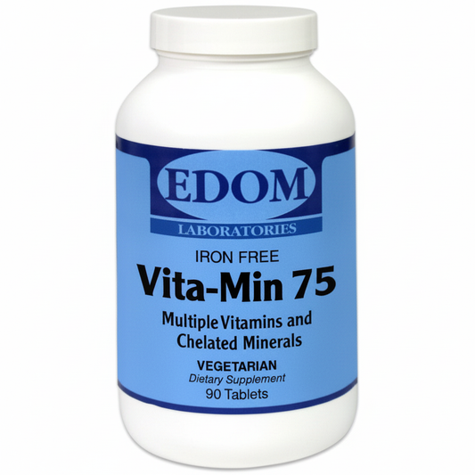 EDOM LABS Vita‑Min 75 Iron Free high‑potency multivitamin shown in a clean, clinical white bottle design, formulated with essential vitamins, minerals, and antioxidants to support daily energy, immune health, and overall wellness without added iron.