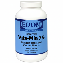 EDOM LABS Vita‑Min 75 Iron Free high‑potency multivitamin shown in a clean, clinical white bottle design, formulated with essential vitamins, minerals, and antioxidants to support daily energy, immune health, and overall wellness without added iron.