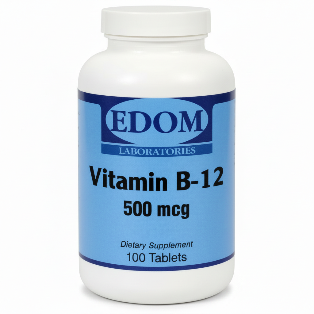 Vitamin B-12 500 mcg tablets by Edom Laboratories — supports energy metabolism, nervous system health, and red blood cell production. Ideal for vegans and older adults.†