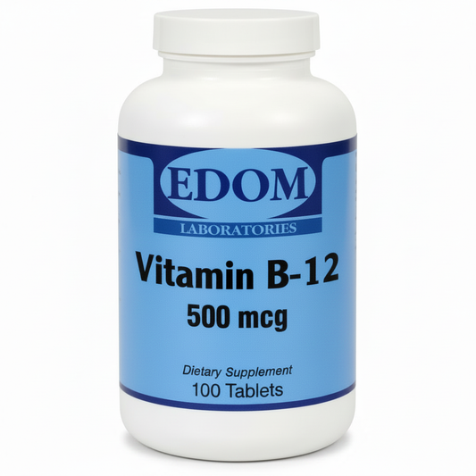 Vitamin B-12 500 mcg tablets by Edom Laboratories — supports energy metabolism, nervous system health, and red blood cell production. Ideal for vegans and older adults.†