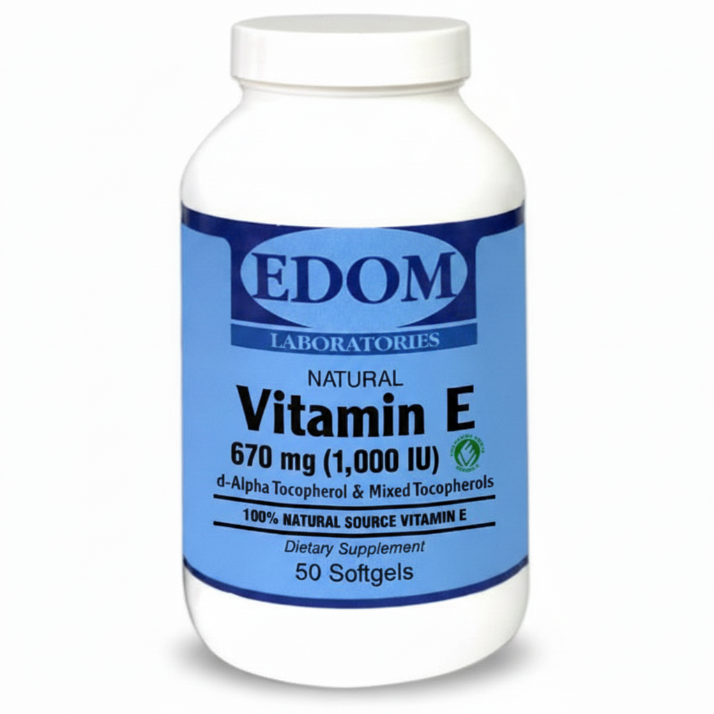Vitamin E 1,000 IU Softgels by EDOM LABS shown in a clean, clinical bottle design, featuring 100% natural mixed tocopherols—for synergistic antioxidant protection, immune support, and cellular health.†