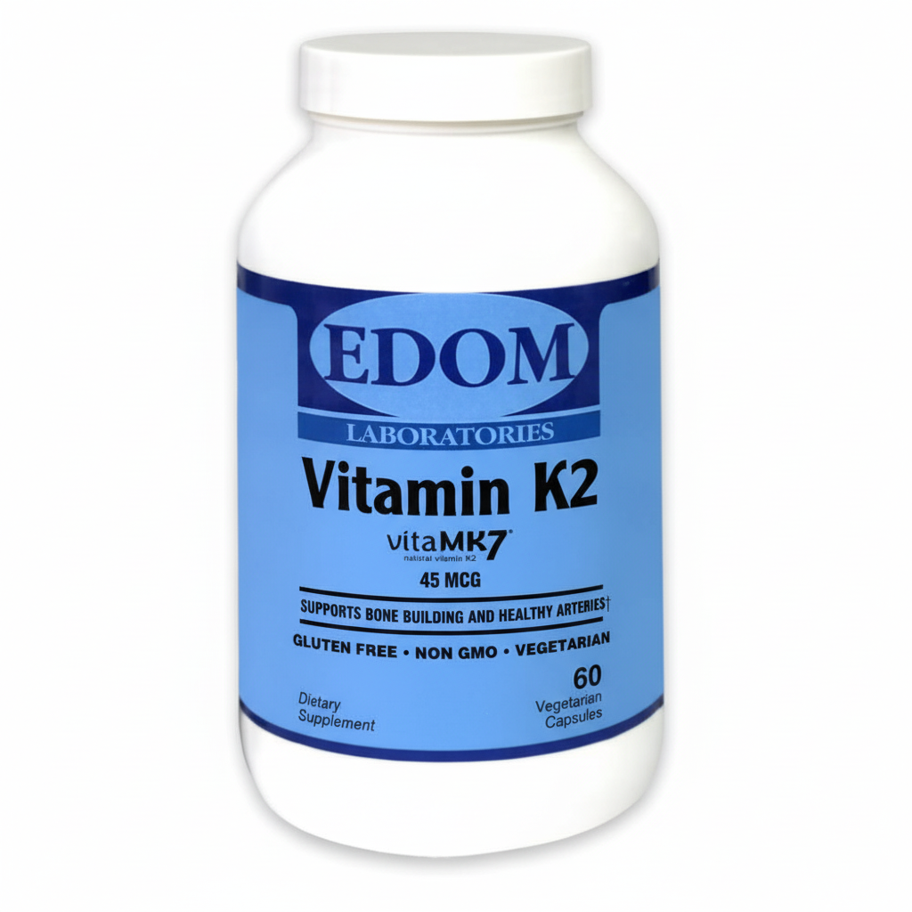 Vitamin K2 supplement with 45 mcg VitaMK7™ (menaquinone‑7) in a vegetarian capsule, displayed in EDOM LABS’ clinical white bottle style.