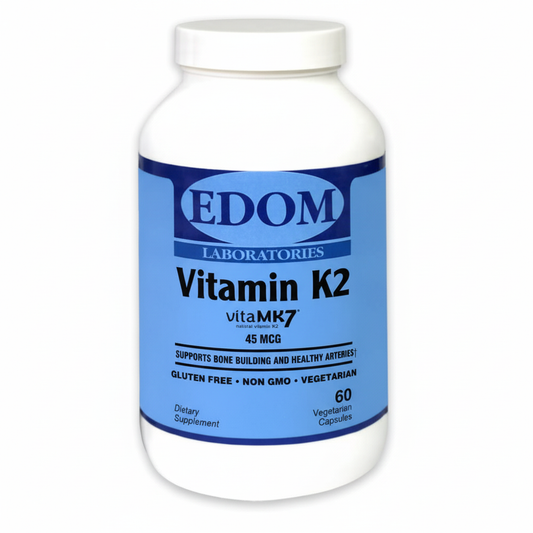 Vitamin K2 supplement with 45 mcg VitaMK7™ (menaquinone‑7) in a vegetarian capsule, displayed in EDOM LABS’ clinical white bottle style.
