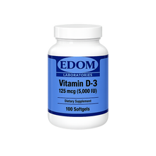 EDOM LABORATORIES Vitamin D‑3 125 mcg (5,000 IU) dietary supplement bottle with blue label and white cap on transparent background