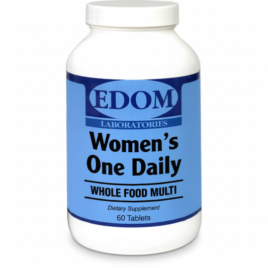 A bottle of 'Women's One Day Whole Food Multi' by Edom Laboratories, which is a dietary supplement with 60 tablets.