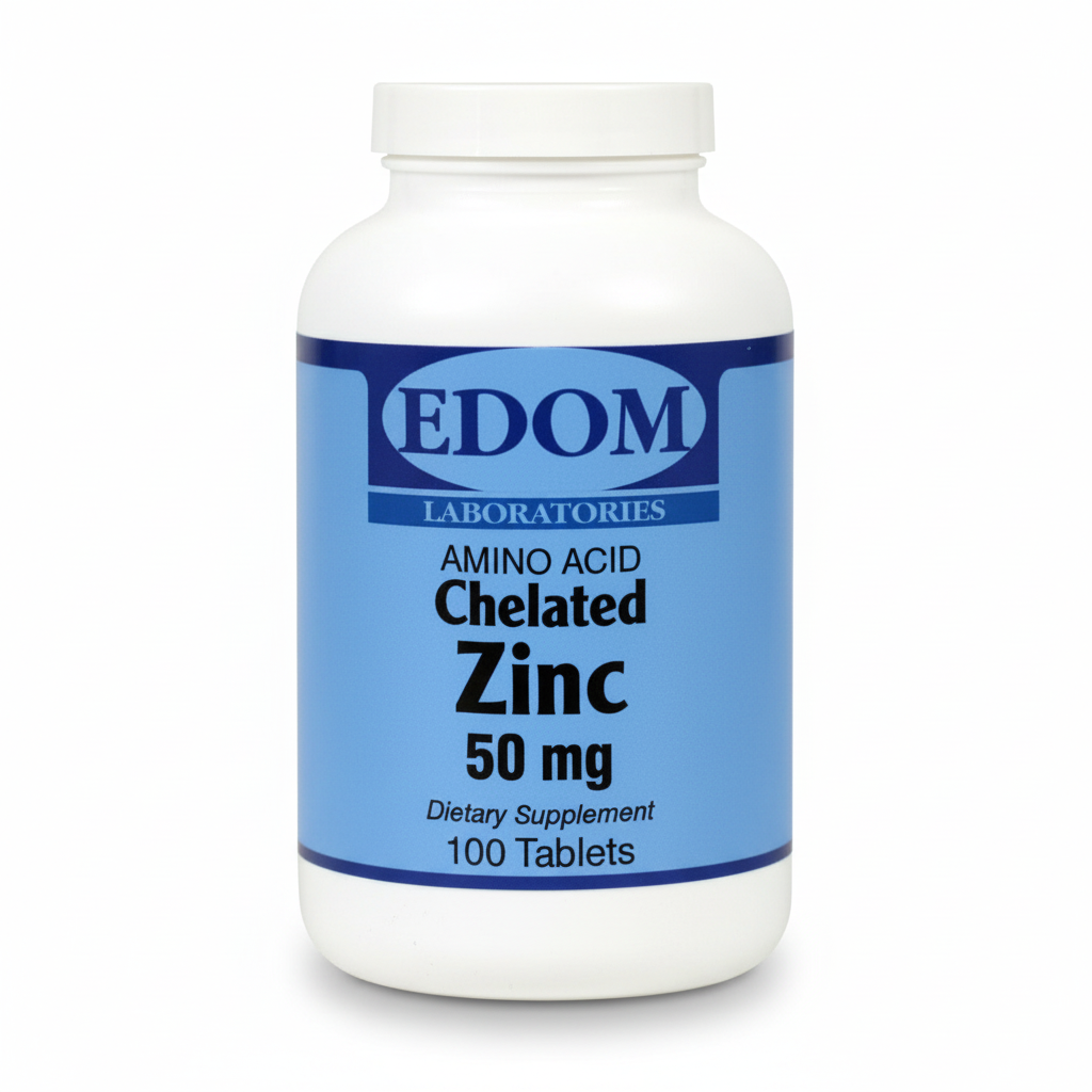 EDOM LABS Amino Acid Chelated Zinc 50 mg shown in a clean, clinical white bottle design, formulated to provide highly bioavailable chelated zinc for immune support, antioxidant protection, and daily cellular health.
