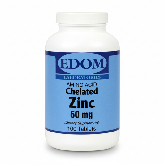 EDOM LABS Amino Acid Chelated Zinc 50 mg shown in a clean, clinical white bottle design, formulated to provide highly bioavailable chelated zinc for immune support, antioxidant protection, and daily cellular health.