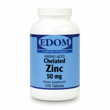 EDOM LABS Amino Acid Chelated Zinc 50 mg shown in a clean, clinical white bottle design, formulated to provide highly bioavailable chelated zinc for immune support, antioxidant protection, and daily cellular health.