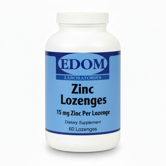 A white plastic bottle of EDOM Laboratories Zinc Lozenges, 15 mg Zinc Per Lozenge, 60 count, on a clean white background.